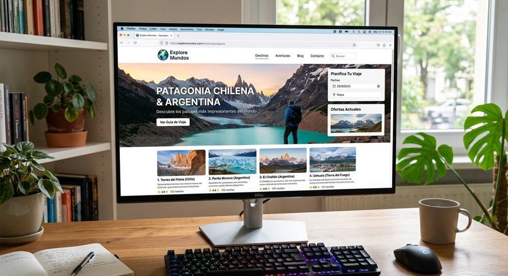 Sitio de contenido de viajes Explore Mundos en pantalla de escritorio